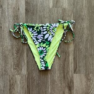 NWT Aerie Green Floral Side Tie Cheekiest Bikini Bottom Size Large